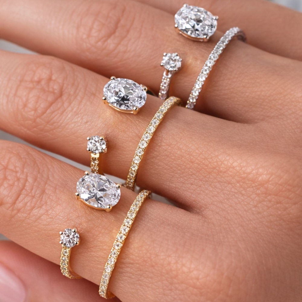 100% 925 Sterling Silver Double Pavé Ring in White, Rose & Yellow Gold